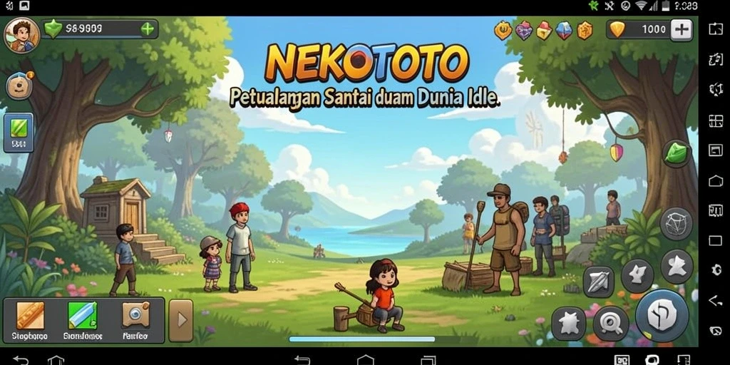 Tangkapan layar utama NEKOTOTO dengan gameplay Idle yang menawan.