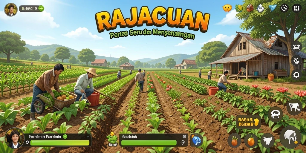 Screenshot gameplay RAJACUAN menampilkan kegiatan bertani yang interaktif.