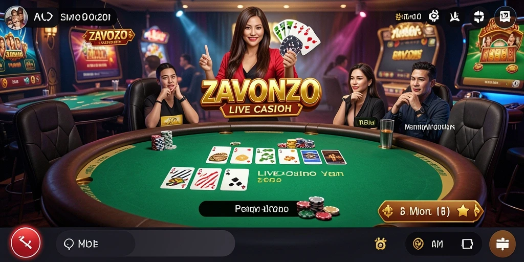 Screenshot gameplay ZAVONZO menampilkan dealer langsung dan suasana kasino yang nyata.